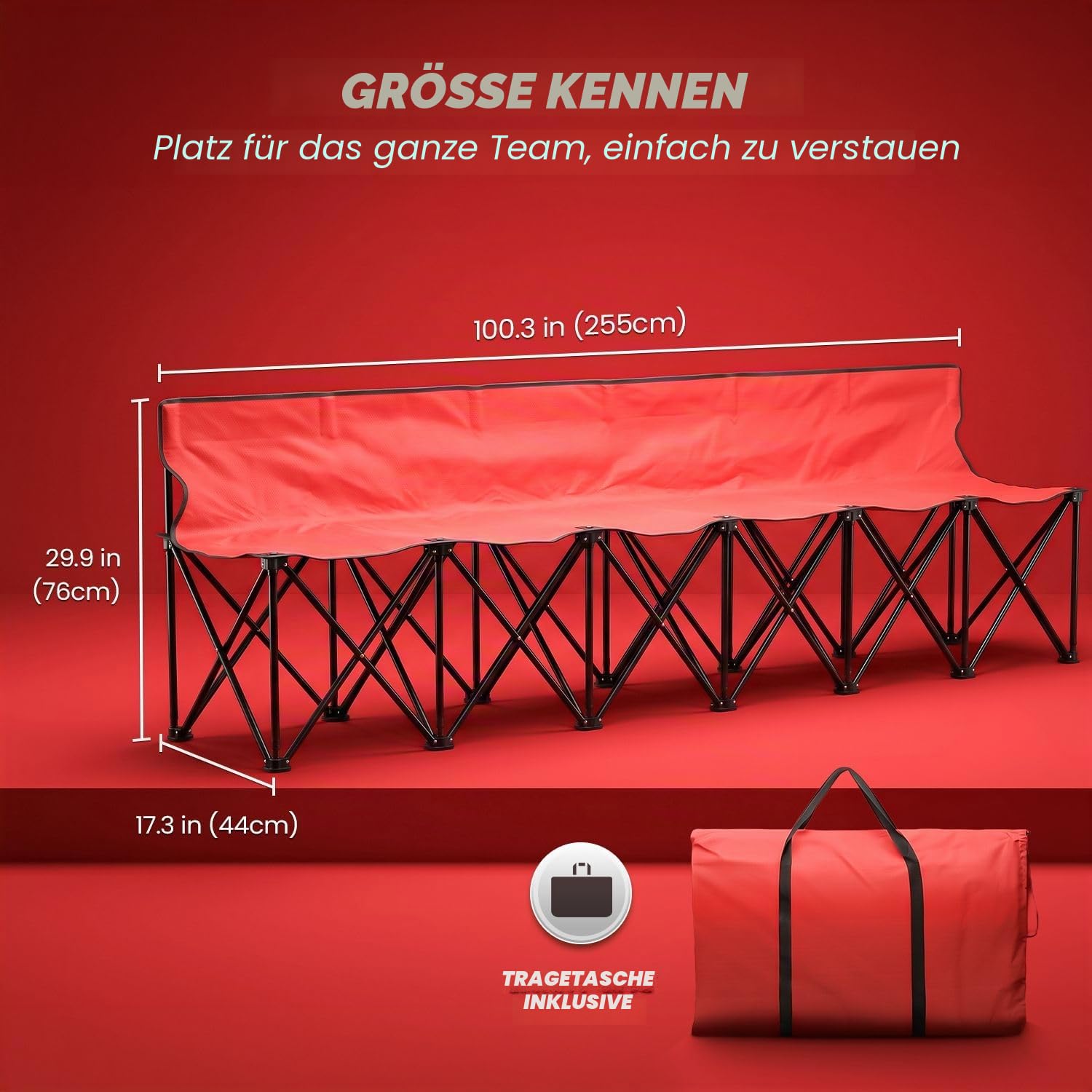 Flexzion Tragbare klappbare Sitzbank, 6‑Sitzer, zusammenklappbare Fußball-Bank, tragbare Sitzbank für Tribünen, Camping, Spielfeldrand, mit Rückenlehne und Tragetasche, Rot