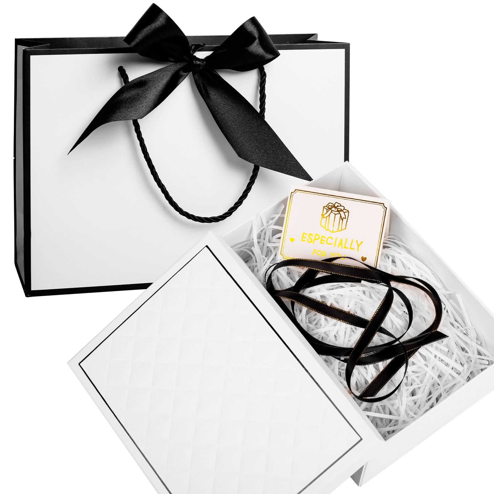 Medium Gift Box for Presents, White Gift Boxes with Lids, Luxury Gifts Box Set Include Ribbon Gifts Bag, Greeting Card, Tissue Paper and Raffia Filler, Foldable Present Boxes for Men Women