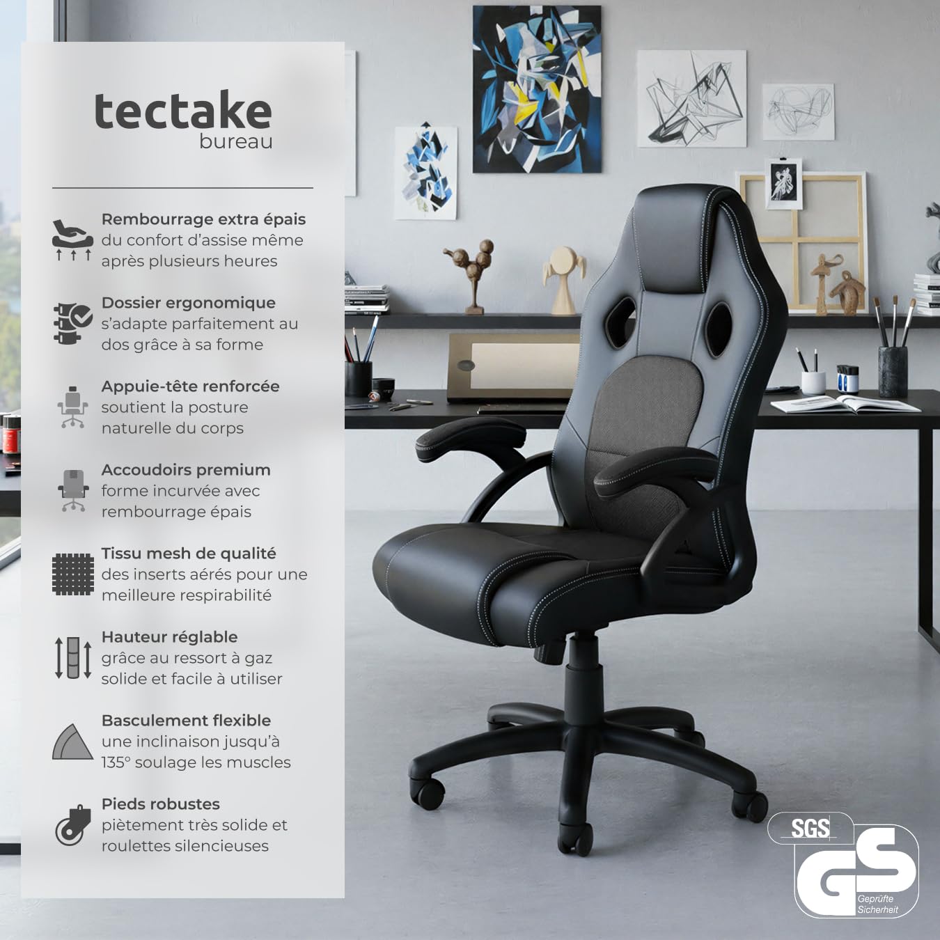 TecTake® Chaise de Bureau Fauteuil de Bureau Fauteuil pivotant Design Chaise Gaming, Siege Ergonomique, Fauteuil avec Accoudoirs, Rembourrage épais, Roulette, Hauteur réglable Teletravail