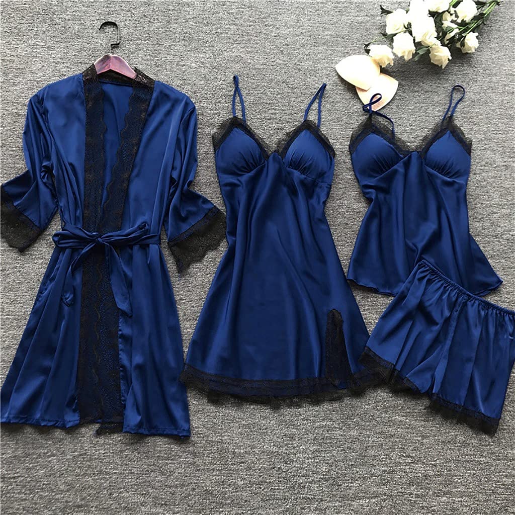 AMDOLE Pyjama pour Femme Imitation Soie Pyjama Ensemble de Quatre Pièces Couleur Pure Dentelle Sexy Grande Taille Chic Elegant Pyjama