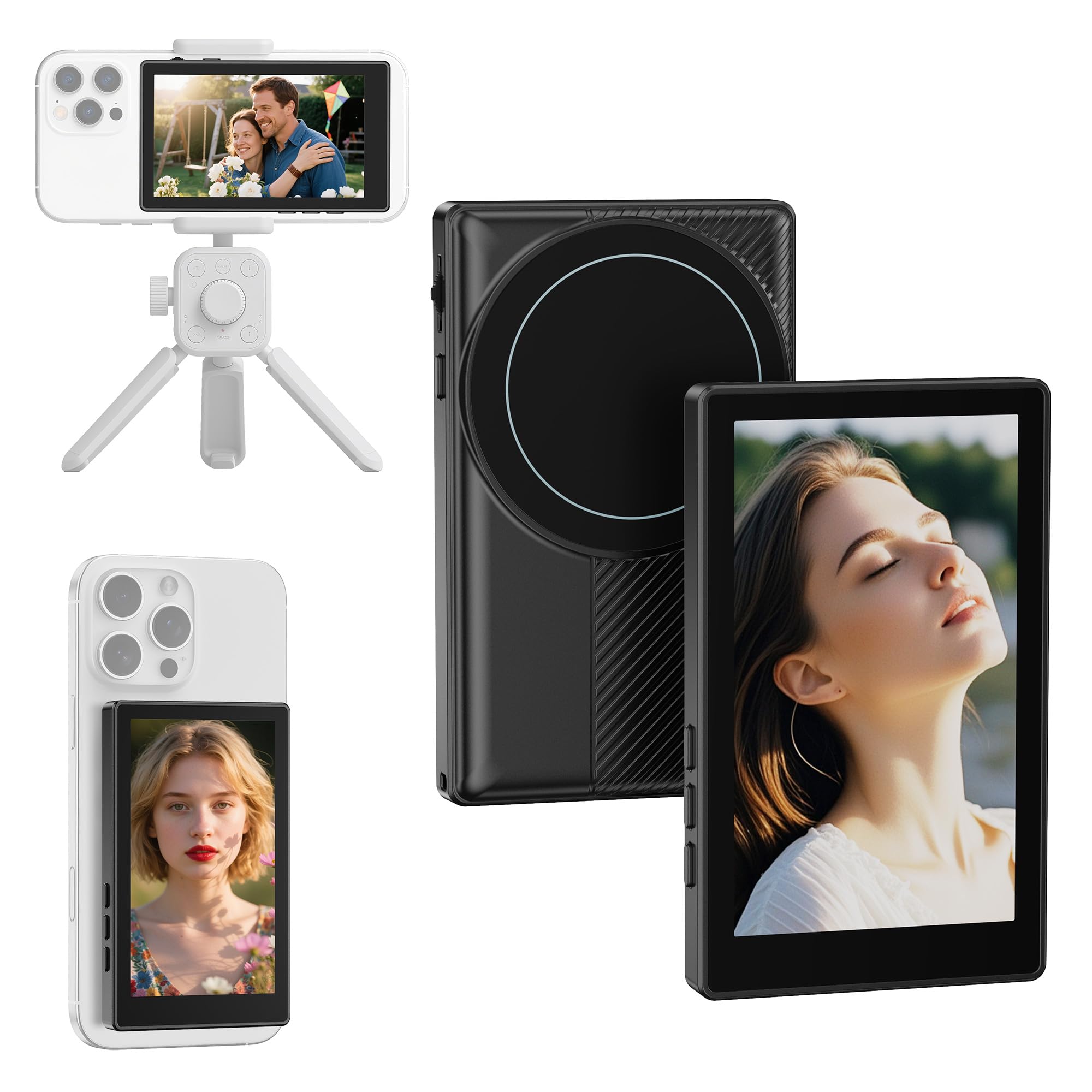 AMAZEAR Teléfono magnético Vlog Selfie Monitor pantalla con control táctil, HD Wireless Bluetooth Remote, cámara trasera para Live Stream TikTok YouTube, compatible con iPhone y Android