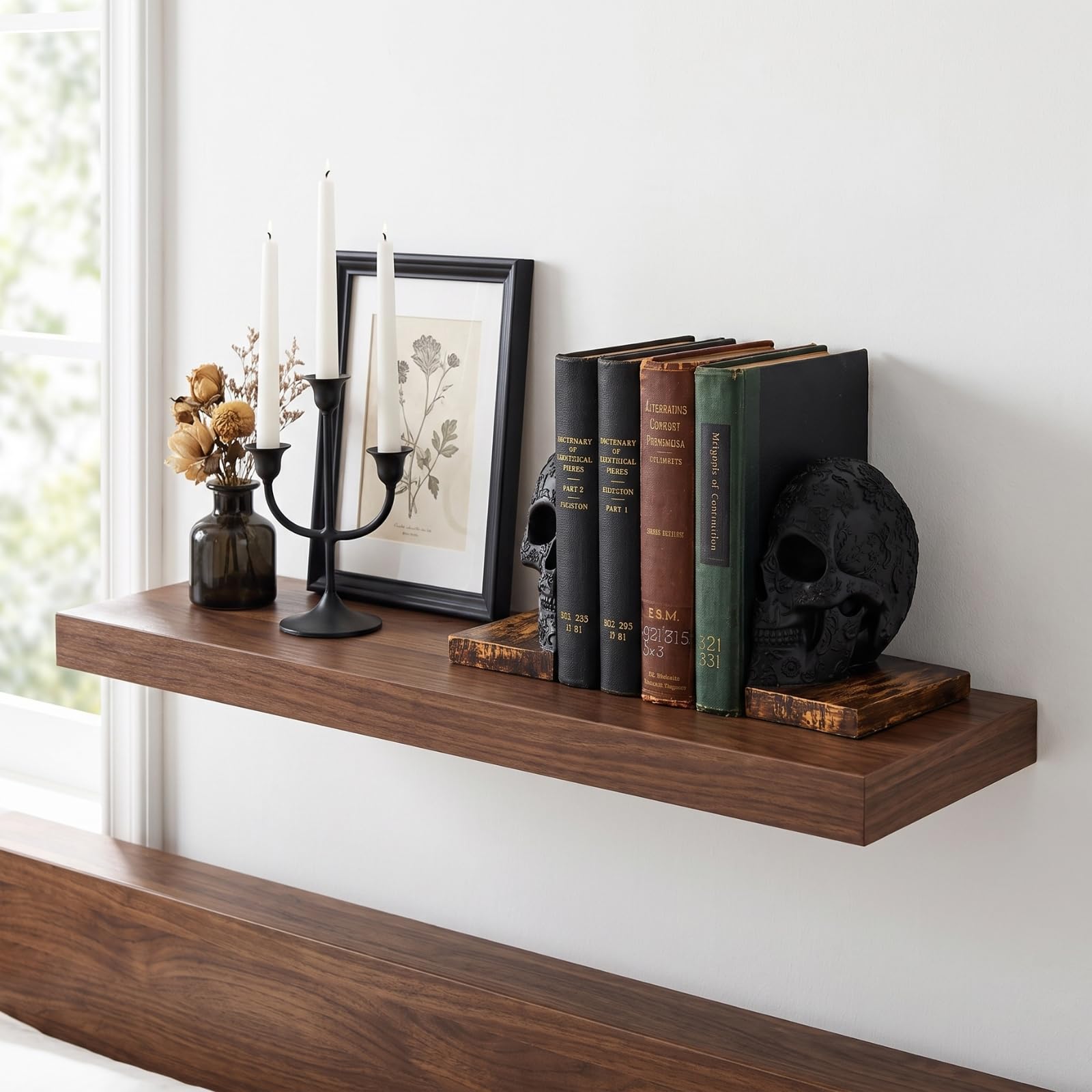 Skull Book Ends Gothic, Lifesize Human, wytrzymałe podpórki do książek na półki, ciężkie książki, czarna czaszka design podpórki do książek 7 x 5,1 x 6,3, upiorny wystrój