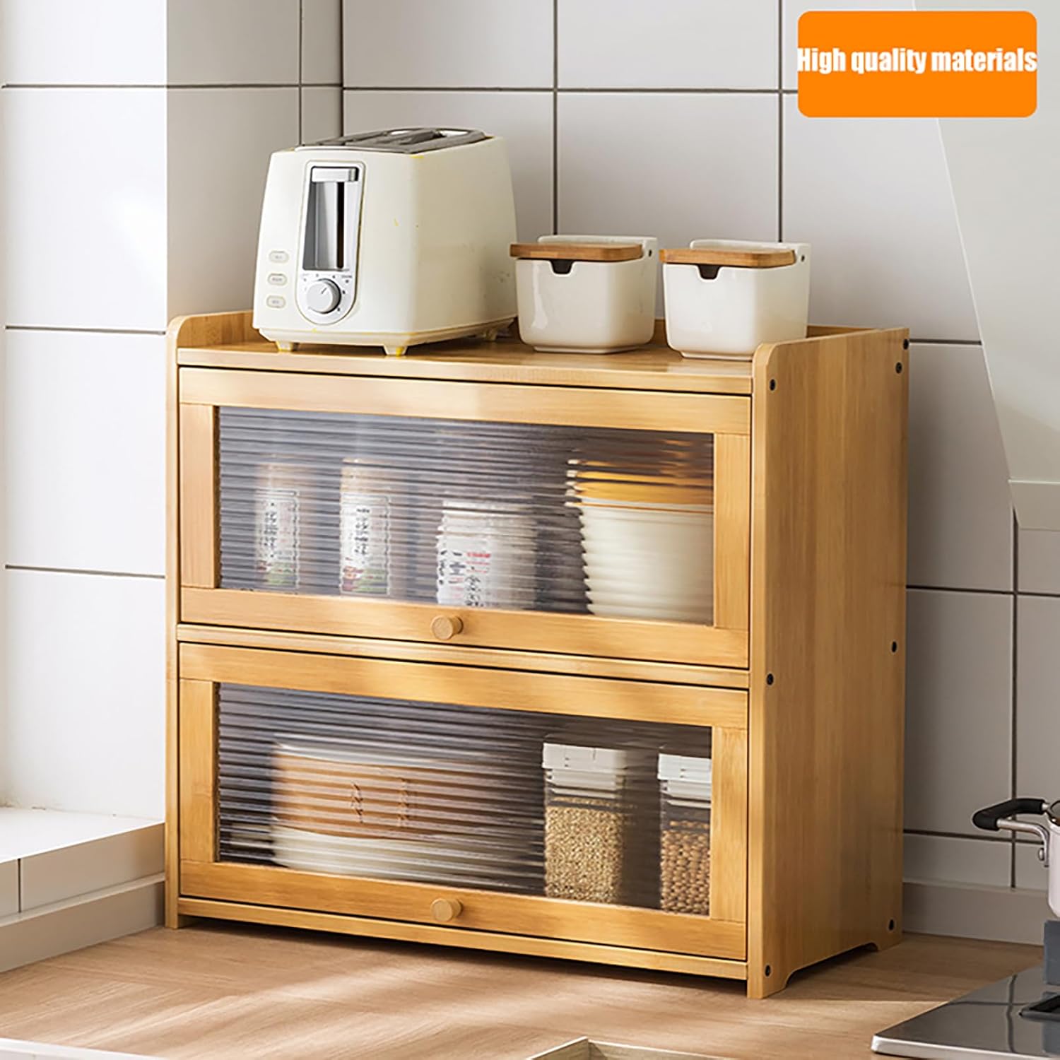 2-Tier Bamboo Kitchen Pantry Sideboard,Countertop Storage Cabinet with Acrylic Flap Door,Console Dining Cupboard for Bottles, Dish, Bowl, Primary Color