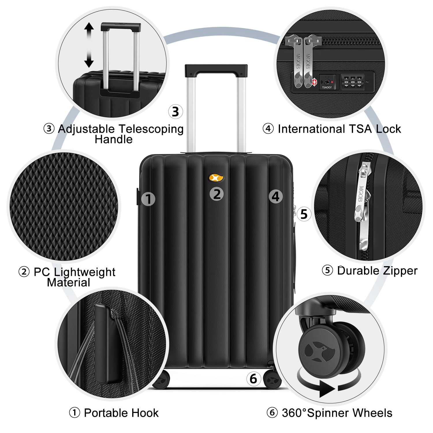 MGOB Valigia Bagaglio a Mano 15PC Trolley Rigido Valigie da Cabina 4 Ruote Universale TSA Lucchetto Ultra Leggero (Nero, 55CM)