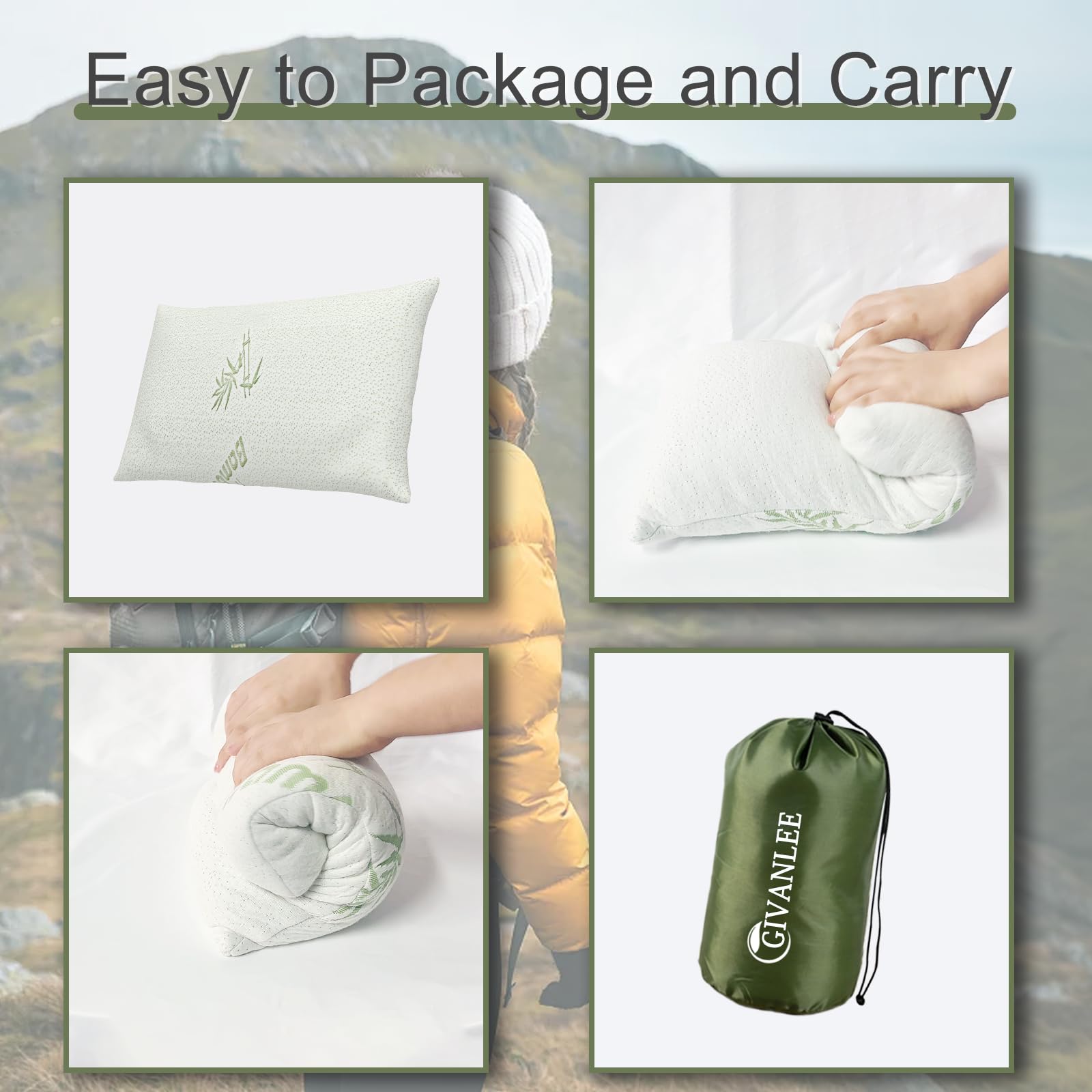 Lot de 3 oreillers de camping pour dormir, oreiller de voyage en mousse à mémoire de forme déchiquetée, compact et pliable avec sac de rangement, housse douce, petit oreiller pour randonnée