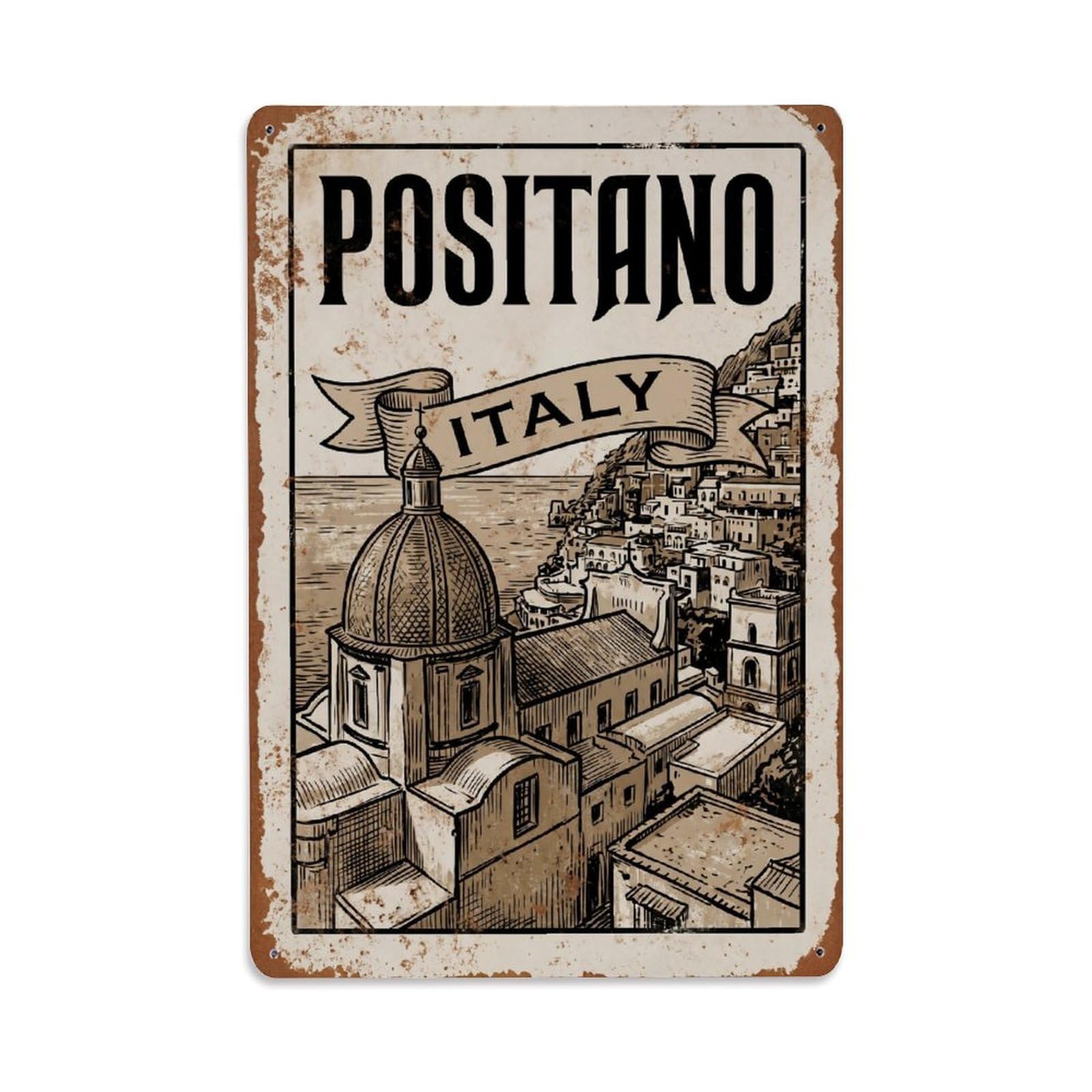 Vintage Travel Positano Italy Umber Metal Tin Sign