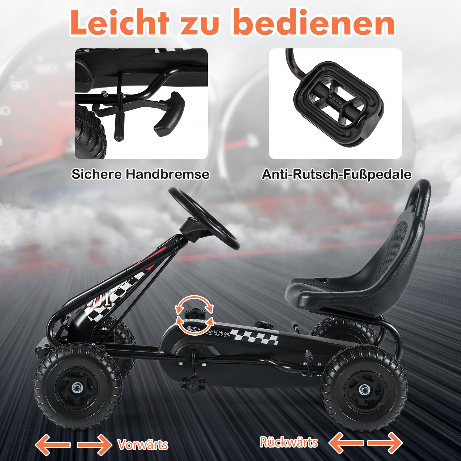 COSTWAY Gokart mit verstellbarem Sitz, Go Kart mit Handbremse, Tretauto bis 30 kg belastbar, Pedal Go Cart, Tretfahrzeug, Pedalfahrzeug, Kinderfahrzeug für Kinder ab 3 Jahren (Schwarz)