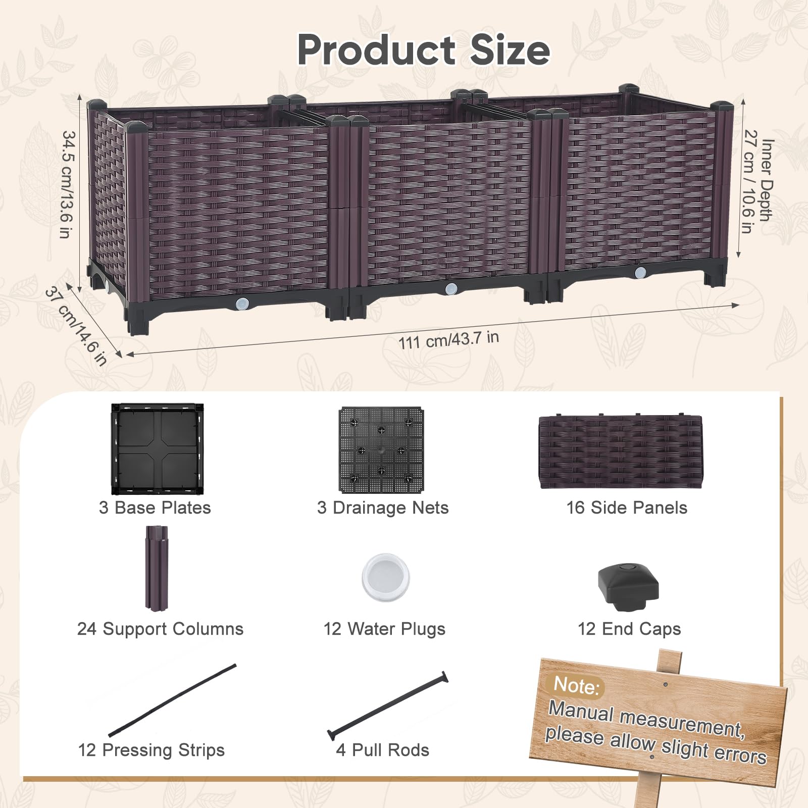 Hochbeet für Garten, Pflanzbeet Frühbeet Gartenbeet, sichtbarer Abfluss, erhöhte Pflanzkiste für Gemüse, Kräuter und Blumen，PP Blumenkasten für Garten Balkon,111 x 37 x 34.5 cm