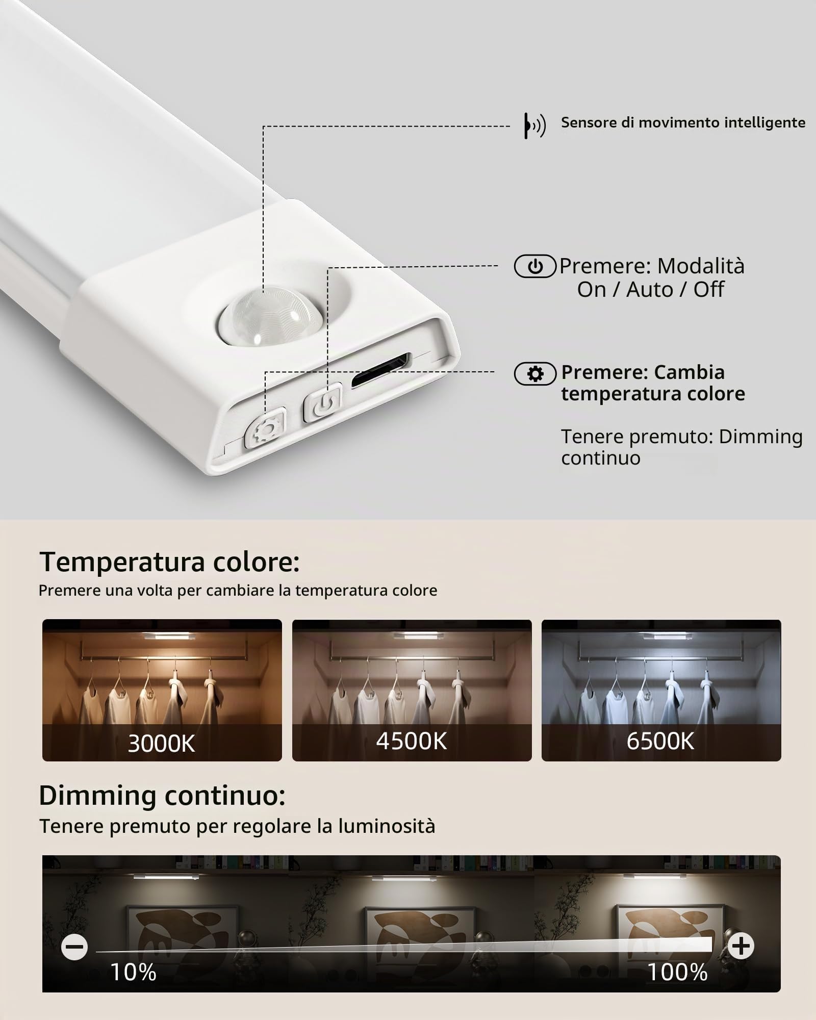EZVALO Led Sottopensile Cucina Con Sensore Di Movimento, 20CM (3 Pezzi), 30 LED Wireless,Luce Armadio Con 3 Temperature Di Colore Variabili Ricaricabili Per Cucina, Guardaroba, Scale,Accanto Al Letto