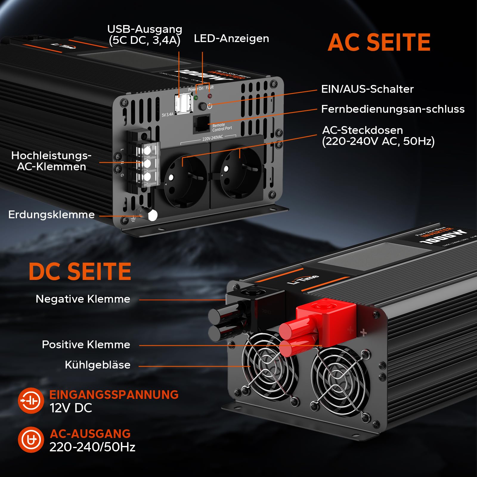 LiTime 1000 W Inverter Sinsus Pure 12 V DC a 230 V AC Convertitore per Camping-Car, Camping, Inverter Solare con 2 uscite AC, Display di Sorveglianza con Visualizzazione dello stato in tempo reale