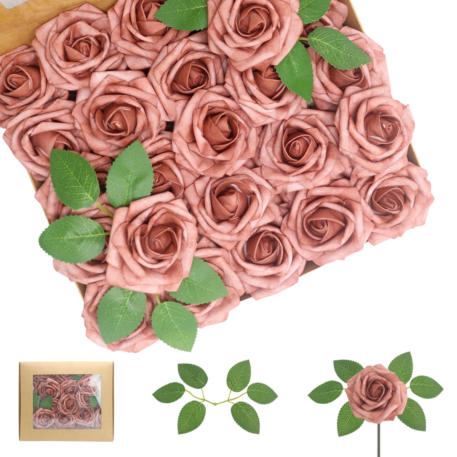 Künstliche Rosen, warmtaupe, echt aussehende Schaumstoffrosen mit Blättern für selbstgemachte Hochzeitssträuße, Brautparty, Party-Dekorationen (warmes Taupe, 100 Stück)