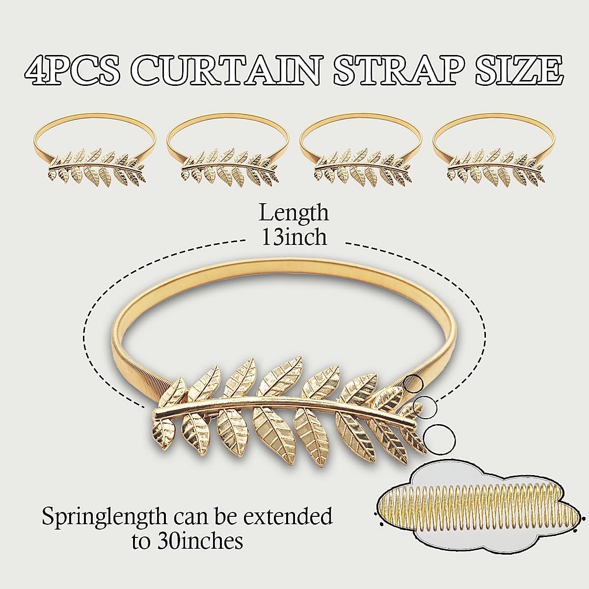 4 Pack Gold Curtain Tiebacks Adjustable Spring Curtain Holdbacks, Aluminum Alloy Leaf Curtain Ties Modern Style Curtain Decor for Home Bedroom Living Room Balcony and Office