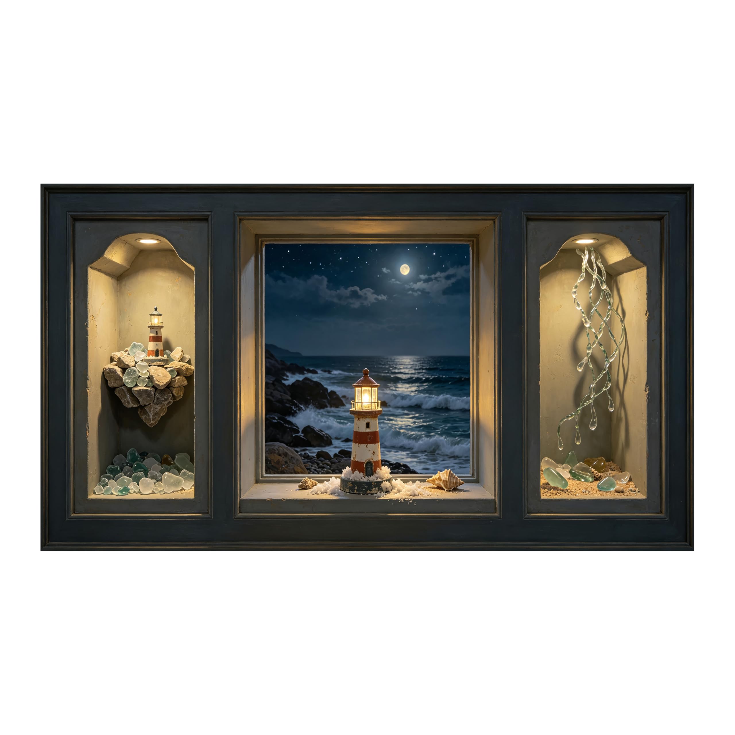 Yzpallescene Art260711126 3D Framed Wall Art Coastal Moonlit Lighthouse Seascape Relief Effect Large Size Selfadhesive Removable Wall Decor Prints Artwork For Living Room Bedroom Office