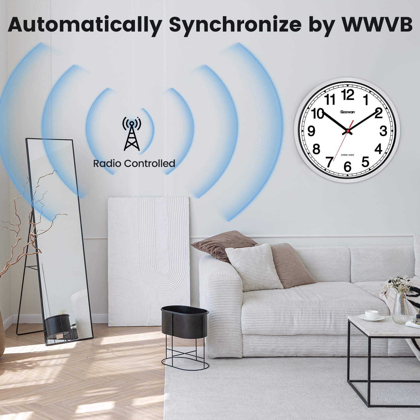 Geevon 40,6 cm große Atomwanduhr, selbsteinstellende analoge Uhr mit automatischer Zeitsynchronisation, batteriebetrieben für Zuhause, Büro, Schule, silberner Rahmen
