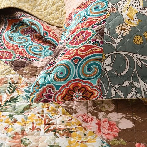 Miniatura 6 de ENASAL Juego de colcha de algodón reversible, juego de ropa de cama de lujo, vintage, rústico, precioso, cachemira, floral, amarillo, colcha de