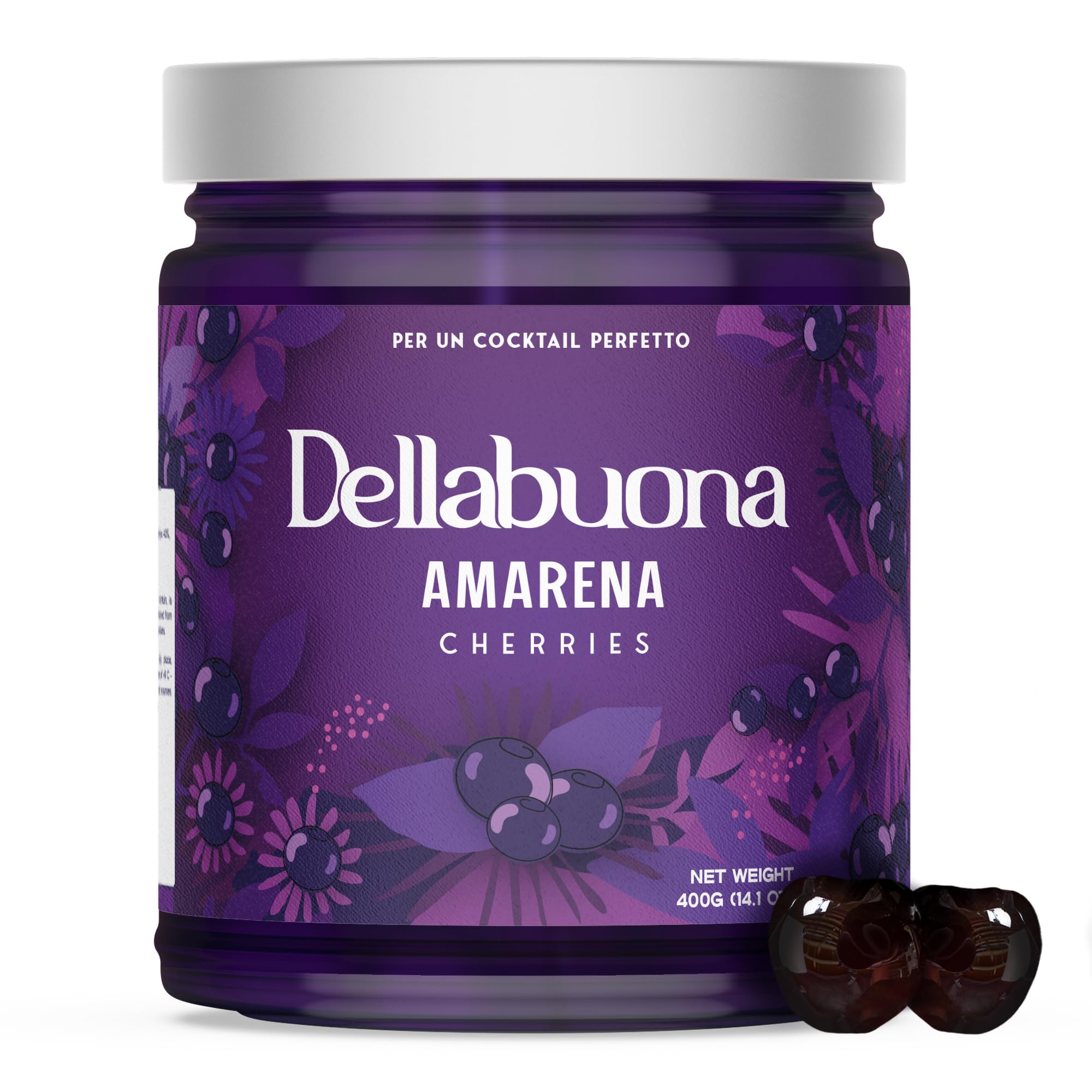 DELLABOUNA Amarena Cherries Jar Stems - Gourmet Italian Wild Cherry for Premium Cocktails Manhattans, Old Fashioned and Desserts. Rich Syrup. 400g Glass Jar (Pack of 1)