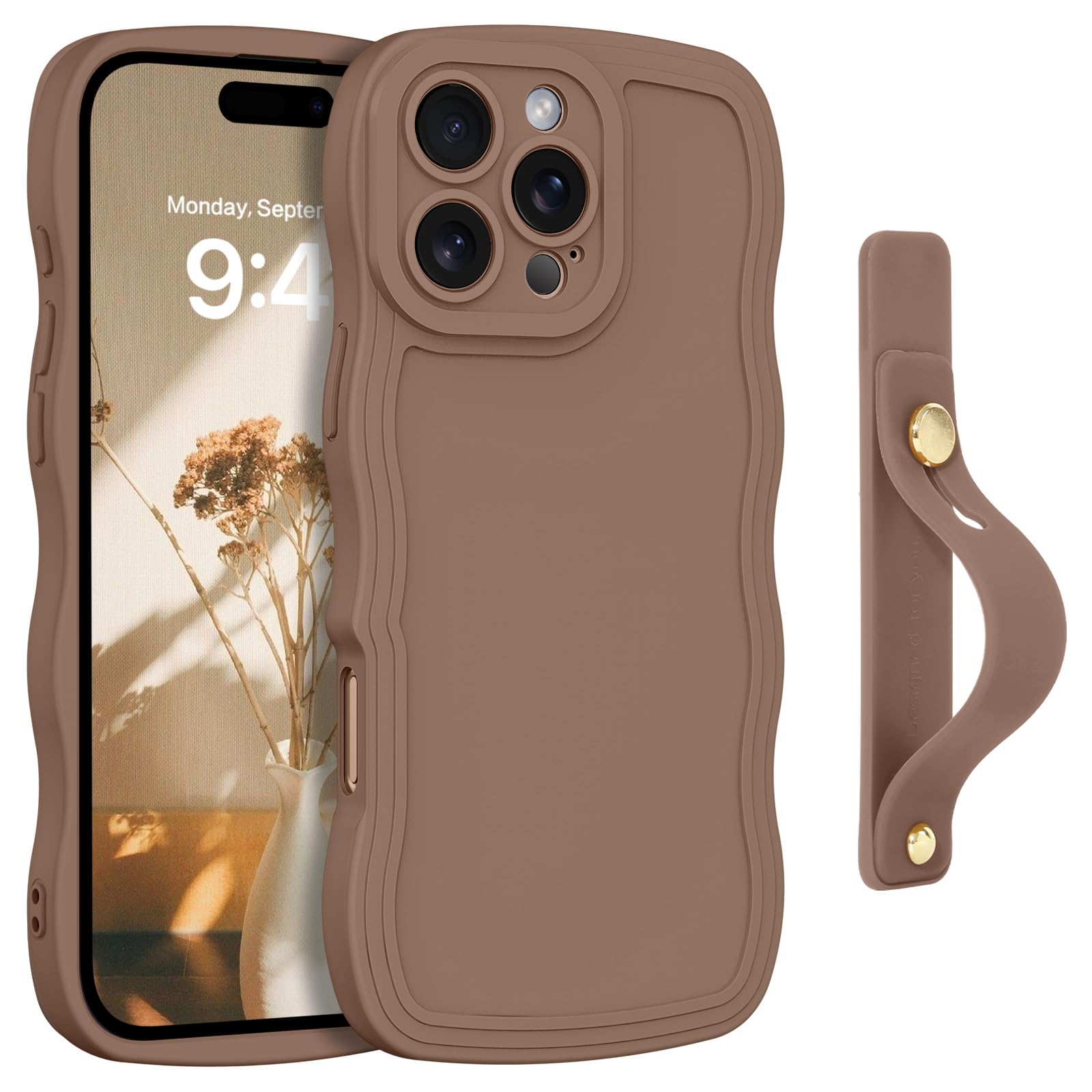 GUAGUA for iPhone 16 Pro Max Case with Wrist Strap, Cute Curly Wave Phone Case iPhone 16 Pro Max with Adjustable Wristband Kickstand Shockproof Anti