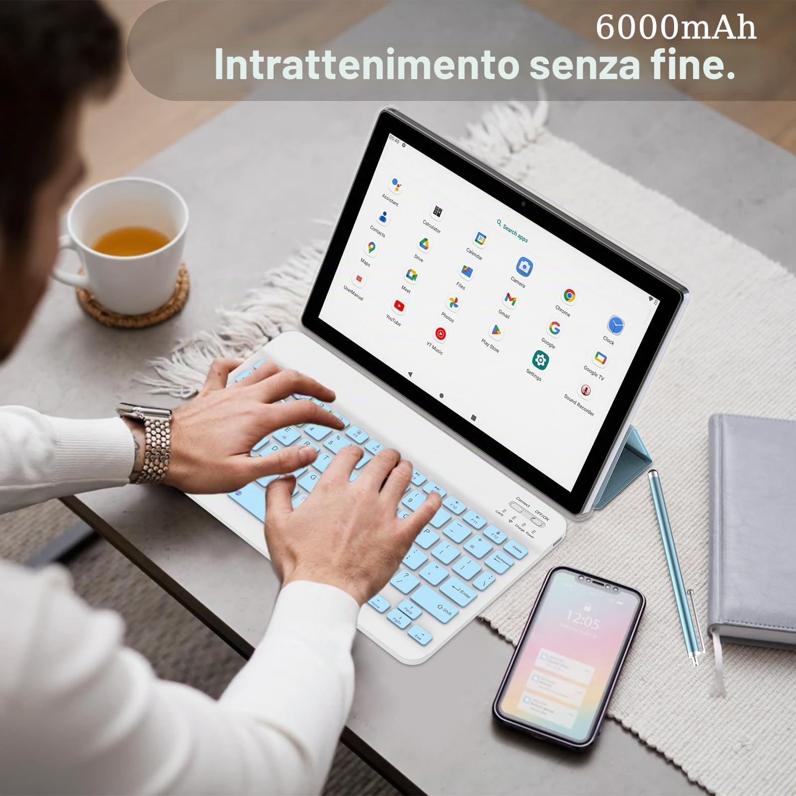 Tablet 10 pollici Android 15 Tablet, 2 in 1 Tablet, Include Tastiera Mouse Caso Stylus, 64GB ROM+8GB RAM 1TB espandibile 2MP+8MP Doppia fotocamera, 5G WIFI-6 Bluetooth 6000mAh Batteria 10.1 pollici