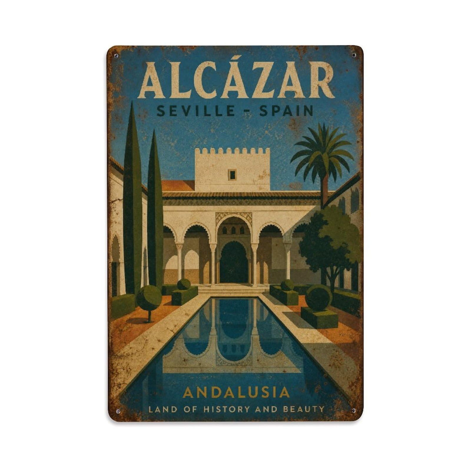 Yrnq 08X12inch Vintage Style Vintage Alcazar Gardens Courtyard Arches Moorish Spain Metal Tin Sign