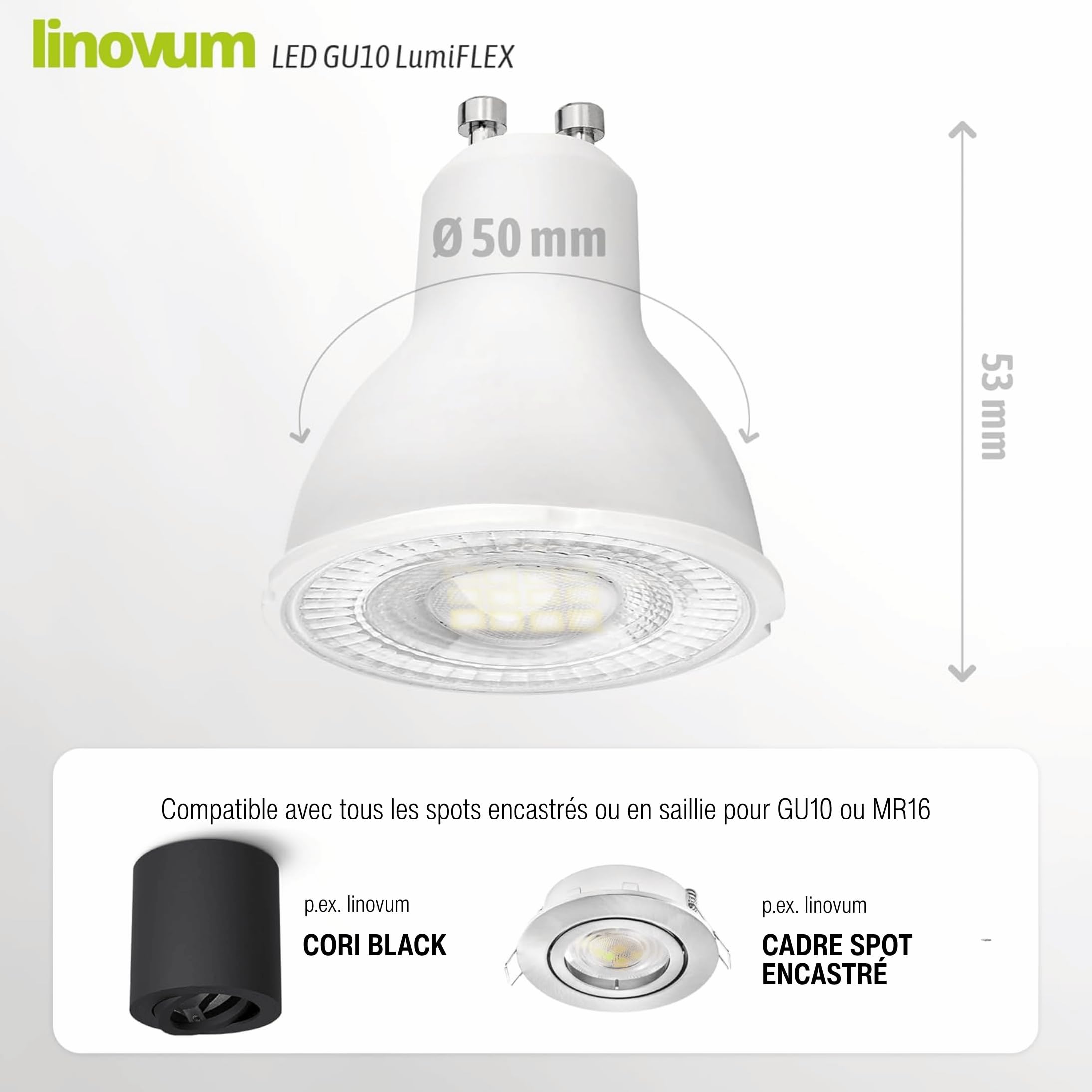 linovum SSC-LUXon LumiFLEX GU10 6W dimmable - lot de 10 ampoules led | Se remplace en un geste, sans outil ni application, pour un confort lumineux immédiat et des économies d'énergie durables.