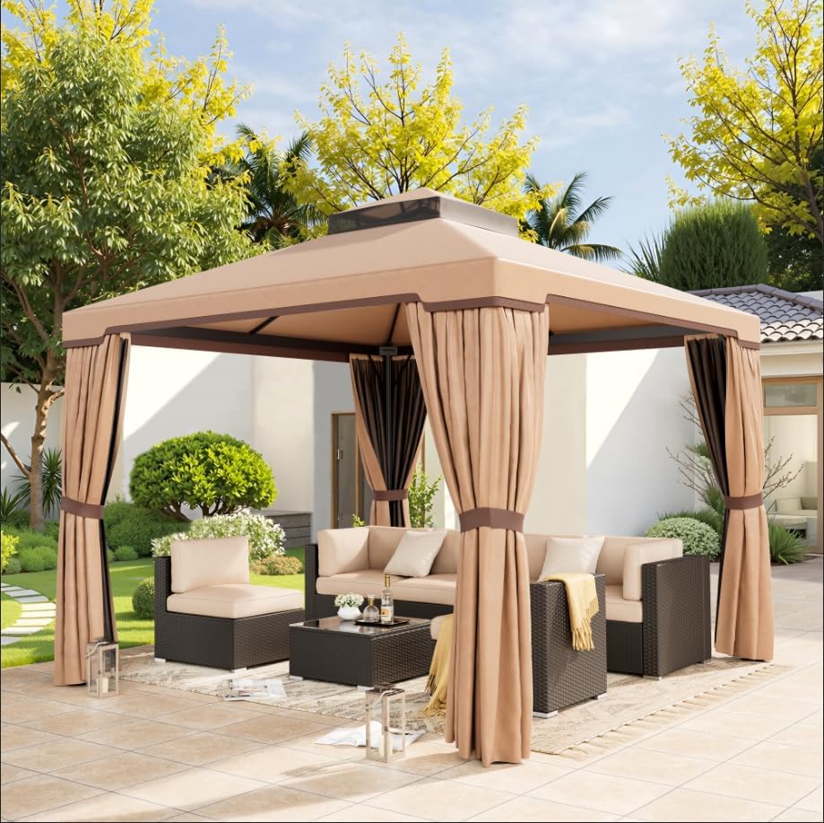 SUNCROWN 10 x 10 FT Outdoor Gazebo for Patio Iron Frame Garden Permanent Gazebo with Vented Soft Canopy and Mosquito Netting, Khaki