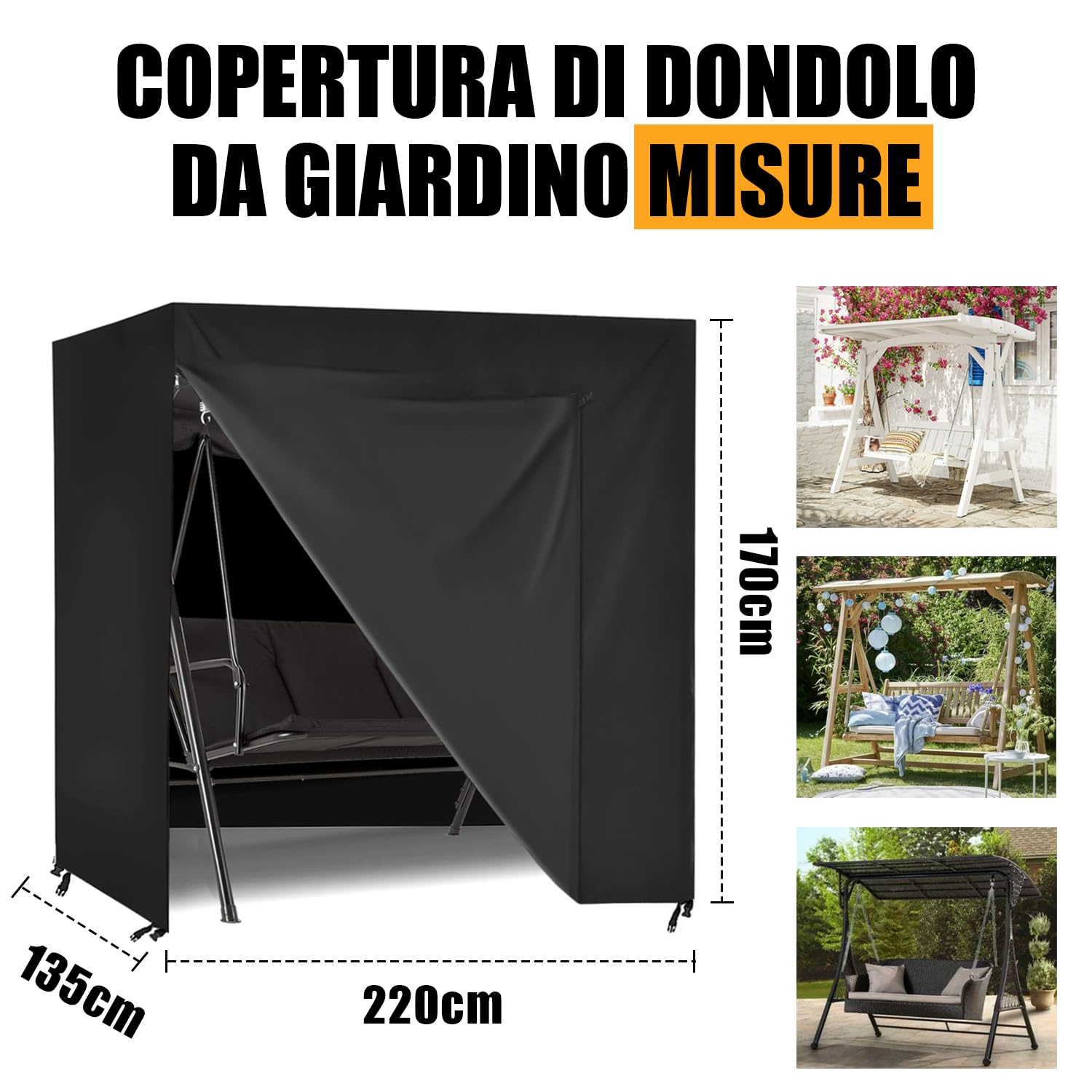 Copertura per Dondolo da Giardino Impermeabile, Copri Dondolo 3 Posti Esterno, Antivento, Crema solare, 600D Oxford per Tettuccio per Dondolo 3 Posti (Nero, 220x135x170cm)