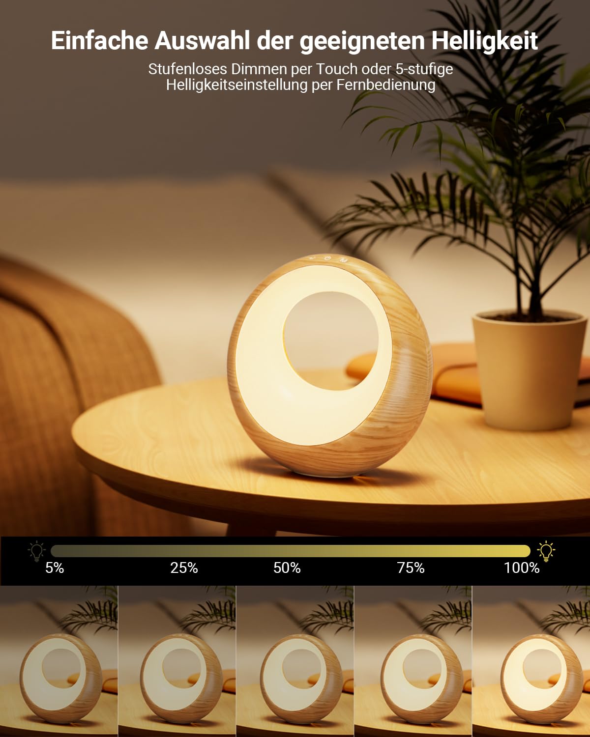 Bonsery Set di 2 lampade da comodino con telecomando e touch, dimmibili, rotonde, cambio colore e 9 modalità, batteria USB, luce notturna bianca calda, memoria e timer