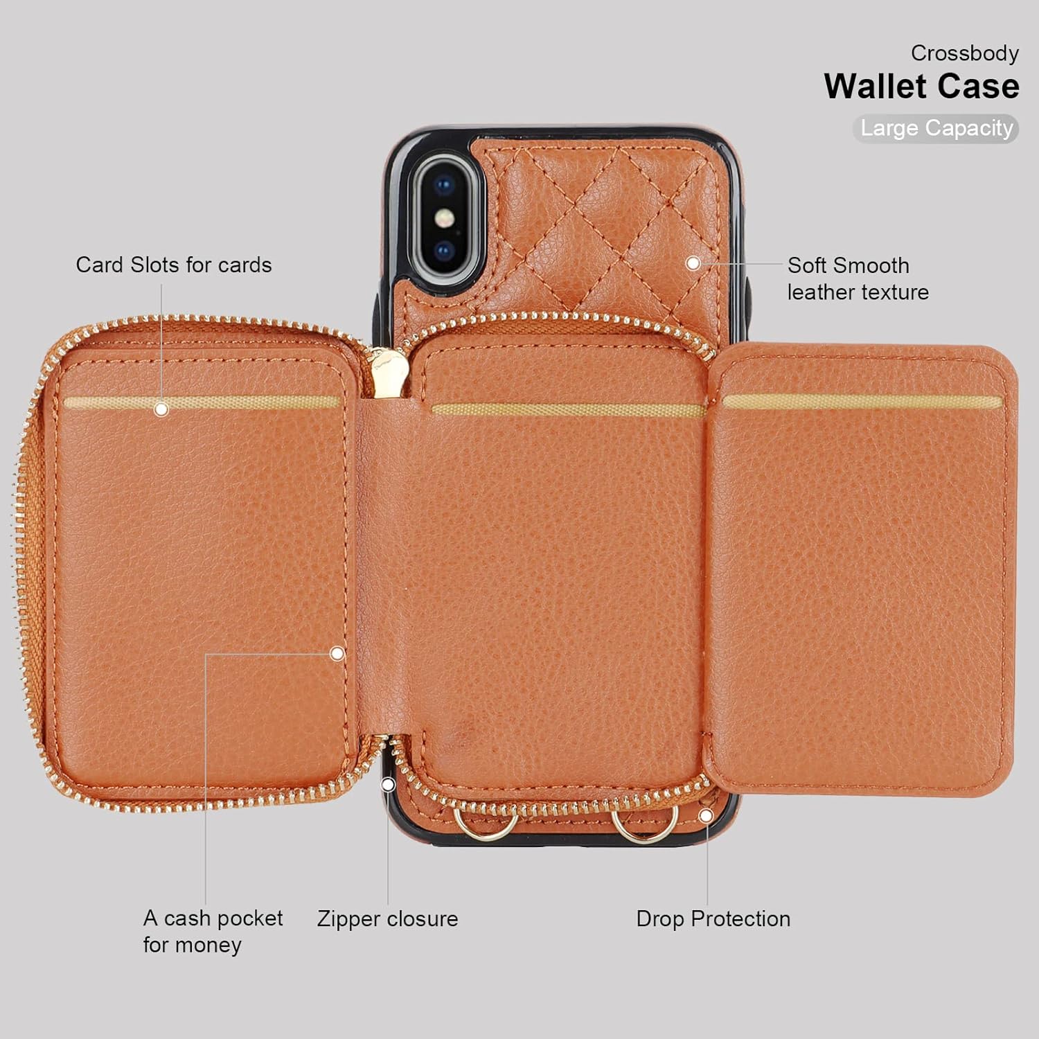 Bocasal Crossbody Wallet Case for iPhone X Xs, RFID Blocking PU Leather Zipper Handbag Purse Flip Cover, Kickstand Folio Case with Card Slots Holder Wrist Strap Lanyard 5.8 Inch (Brown)
