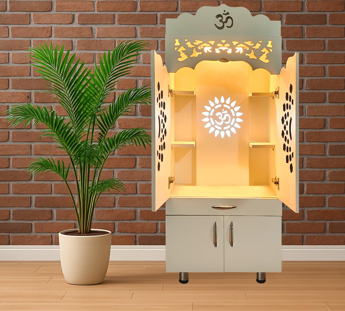 Alpine Willow 5 feet X 2 Feet Premium Wooden Temple for Home with Door (Pre-Assembled) Modern Pooja Mandir with LED Light,Storage Cabinet & OM Design I Pooja Stand for Living Room & Offices | Devghar