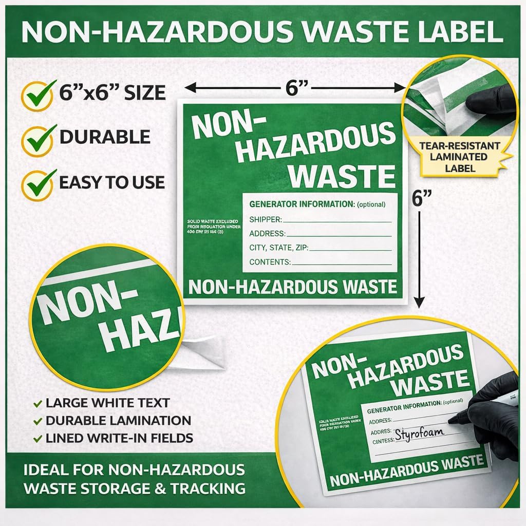 Non-Hazardous Waste Labels, 6 x 6 inches, Green/White, Self-Adhesive Vinyl, Pack of 25