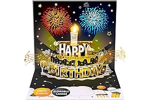 Firework Happy Birthday Card with Candle and Music in Black and Gold