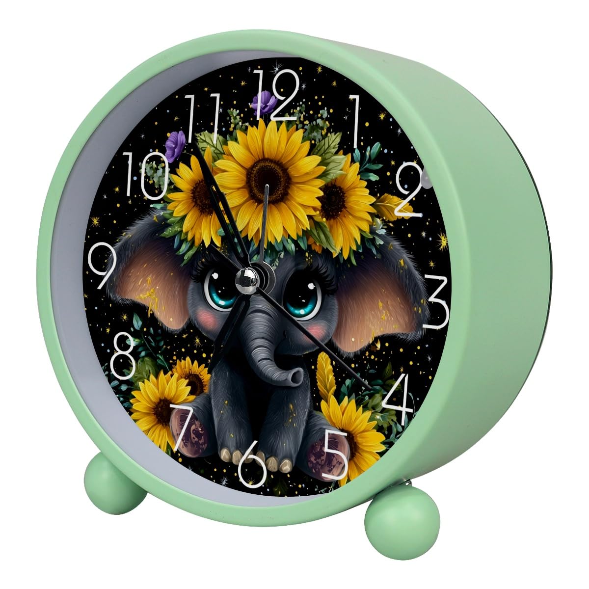 Luoweisi Analog Alarm Clock Elephant Sunflower, Silent Non-Ticking with Night Light, Battery Operated, Round Desk Alarm Clock for Office, Bedroom, Elderly, Adults, Children, Student Gifts