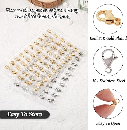 Vista 26 de Pandahall - 100 cierres de pinza de langosta de acero inoxidable, joyería de oro real de 24 quilates, cierre de langosta de 2 colores, cierre