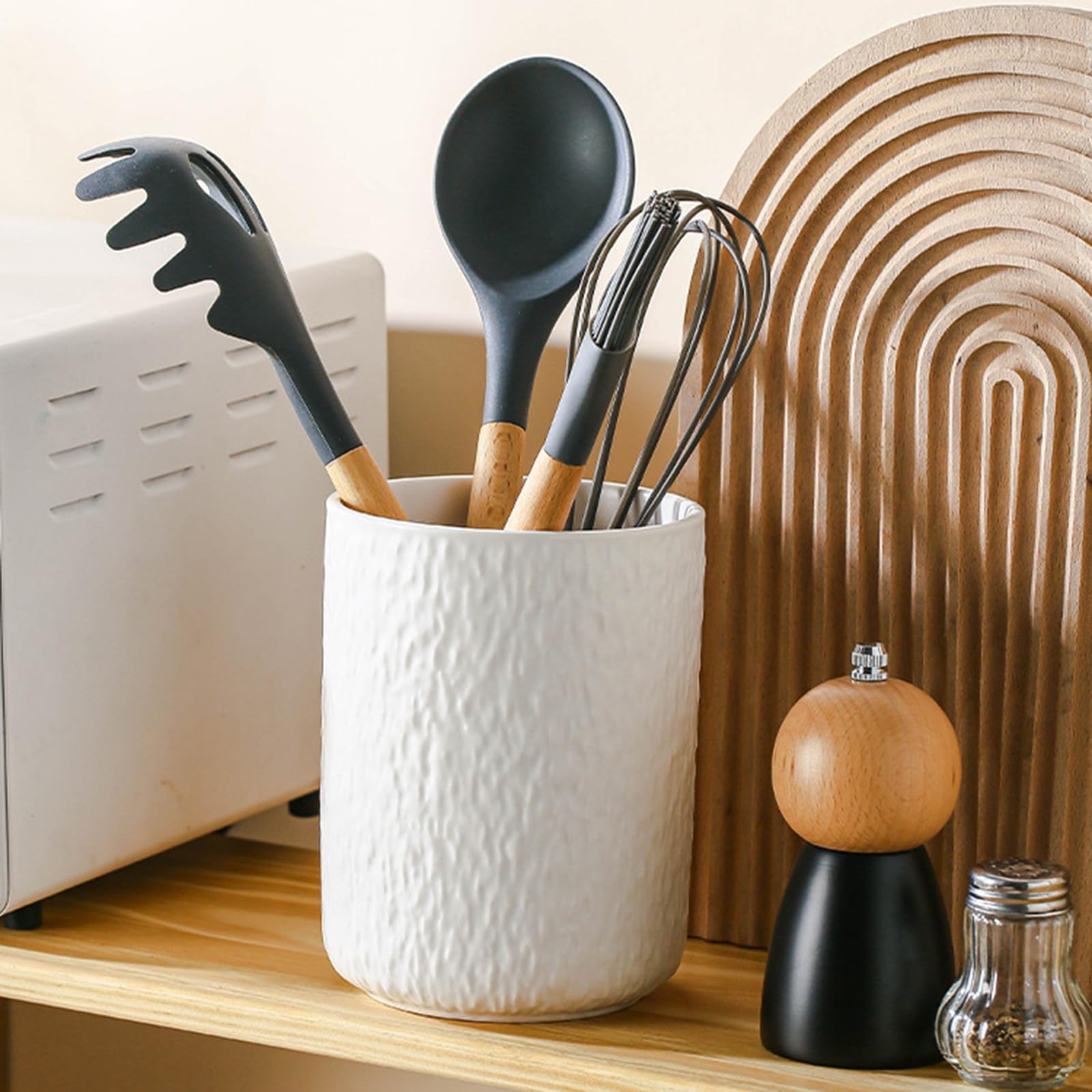 Dekorativer Keramik Utensilienhalter, 16, 5 x 11, 9 cm, Steinstruktur, Thekenglas für Herd, seitliches Kochwerkzeug, Zugriff auf Ordnung, Utensilienbehälter, Küchenwerkzeug, Topf, oben offen, Spatel,
