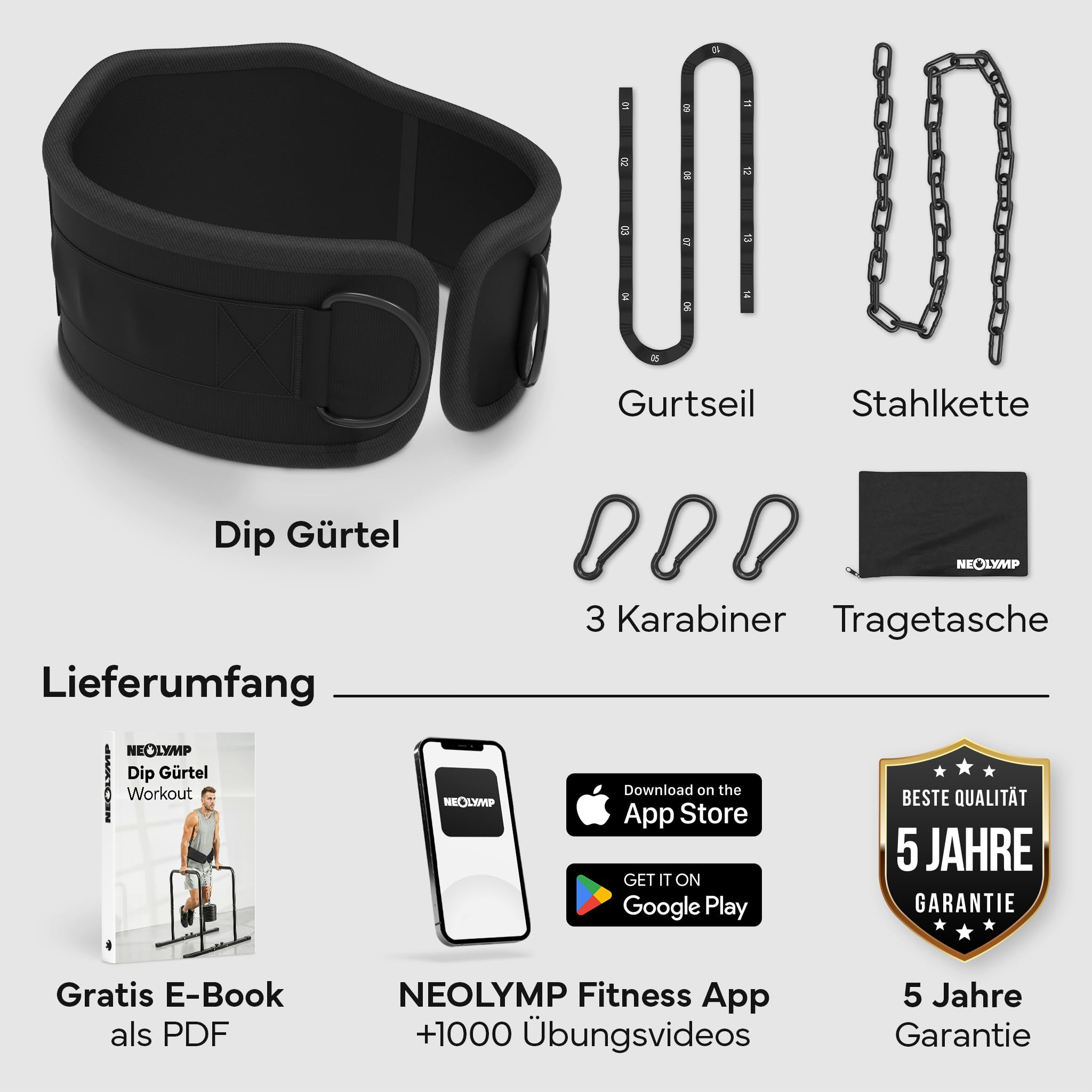 NEOLYMP Dip Gürtel – Premium Gewichthebergürtel mit Kette & 3 Karabinern für Dips, Klimmzüge & Krafttraining – Hohe Belastbarkeit bis 1.000 kg – Ergonomisches Design & Neopren-Komfort für Calisthenics