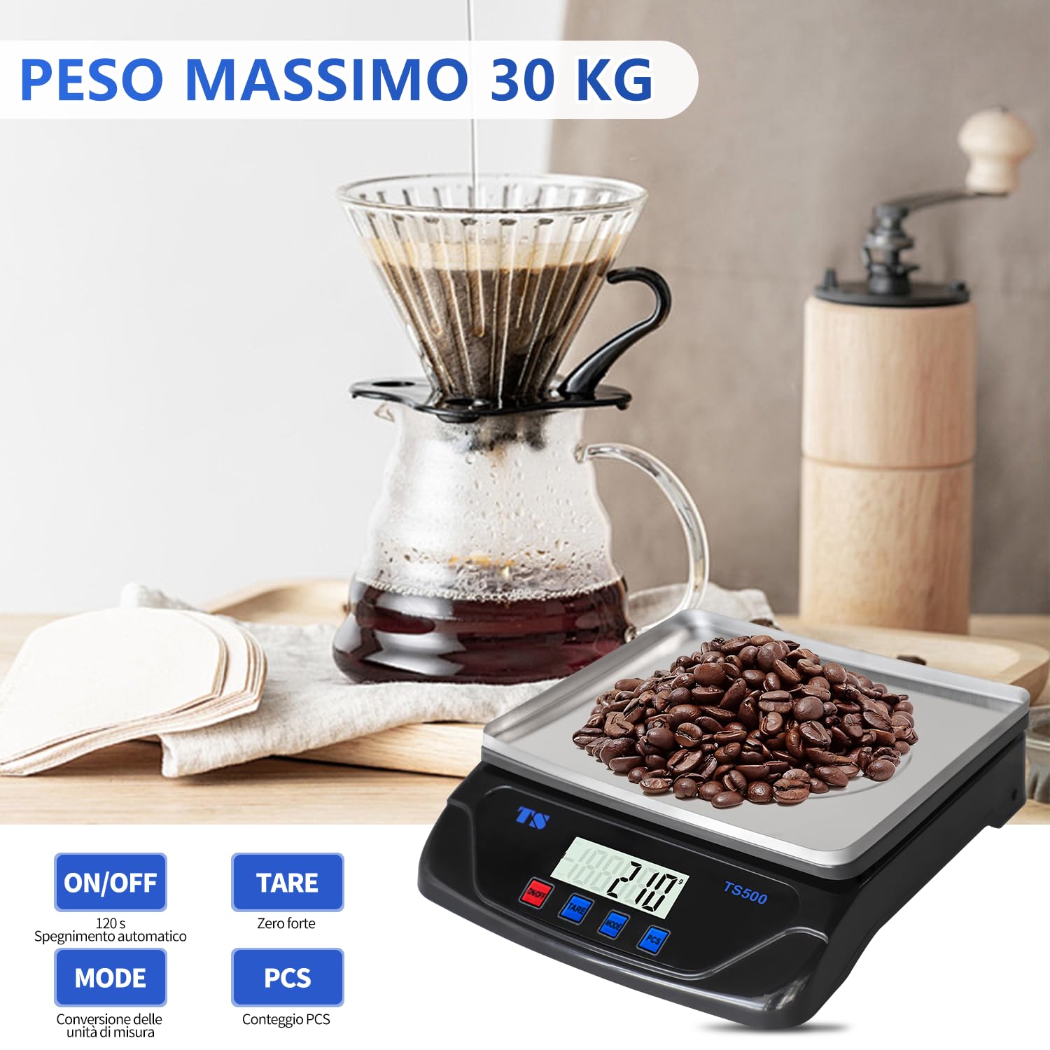 Bilancia Cucina Digitale1 Gr Max 30 Kg, Bilancia Professionale Alimenti Tara Con 6 Unità Display LCD Funzione PCS Tare Peso Per Cuocere Cucina USB/Batterie (Nero,30kg)