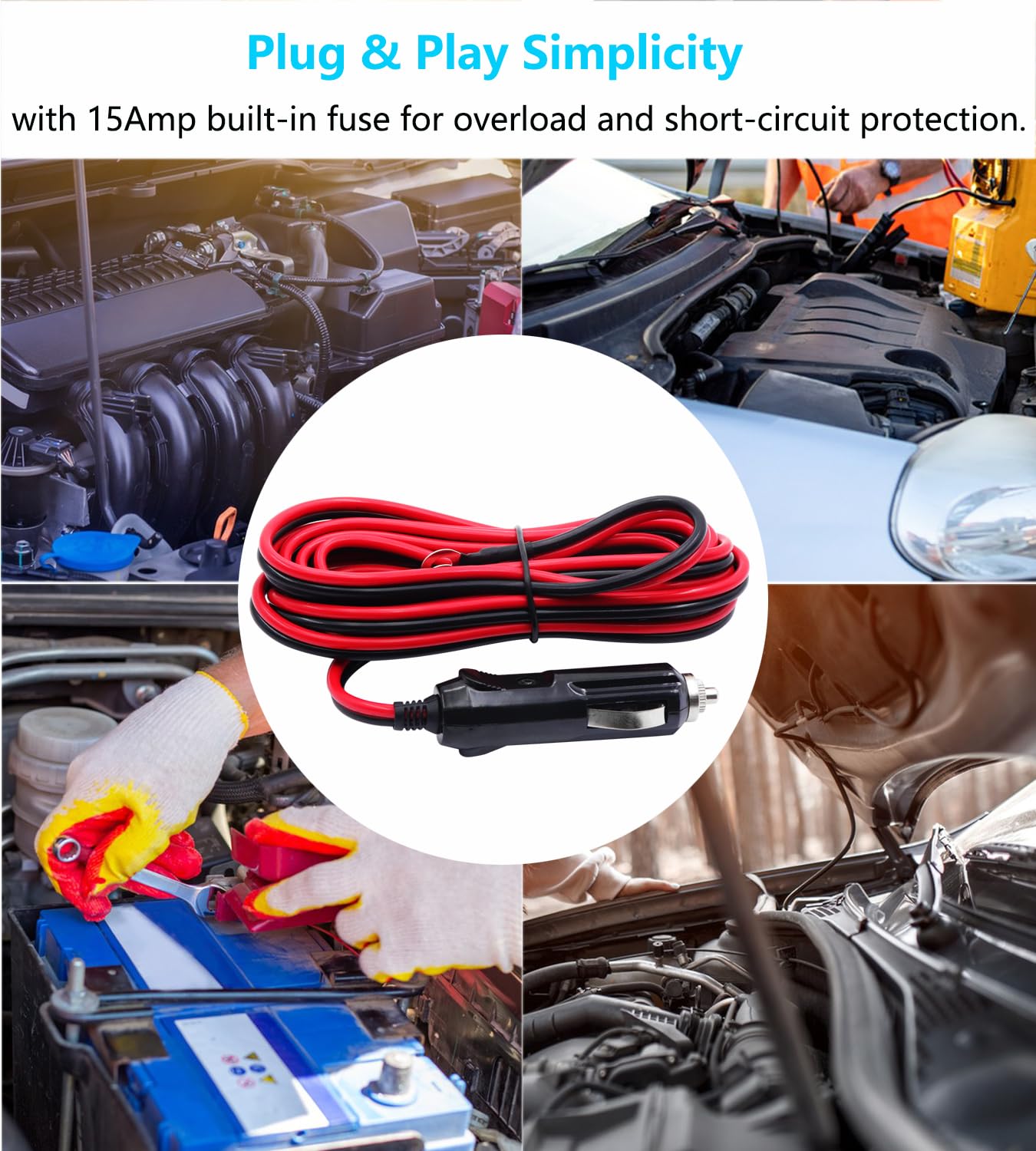 Zapalniczka samochodowa do zacisku O-ring 12 V-24 V, wtyczka do zapalniczki samochodowej, kabel przedłużający z bezpiecznikiem 15 A, do pompy powietrza, kubka elektrycznego i DIY, 10stóp
