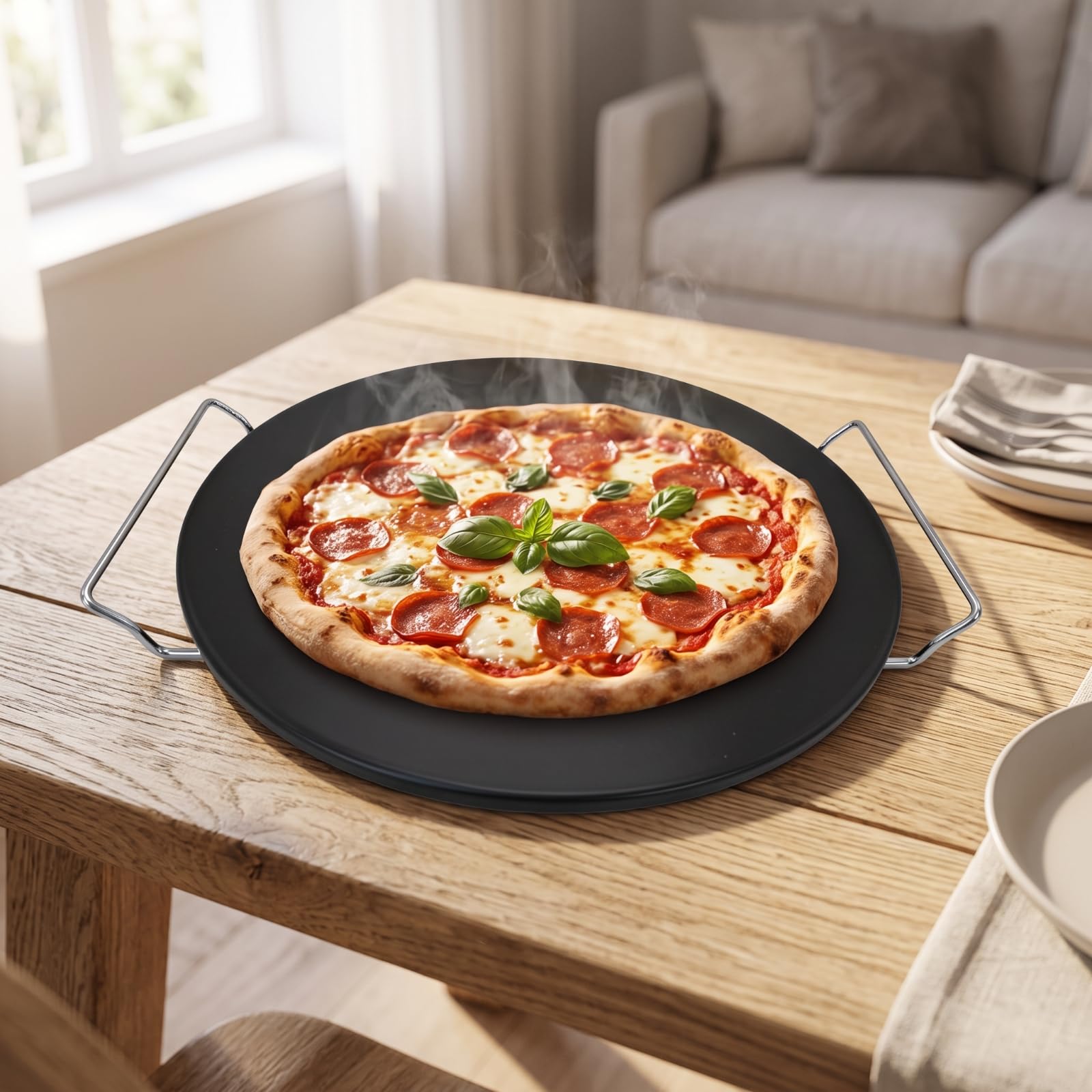 Piedra para Pizza Redonda Plancha Bandeja Base Cordierita Robusta con Gran Inercia Térmica para Resultados Crujientes Adecuada para Panadería Casera y, Negro, 33CM+架子