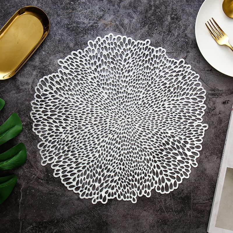 YOU GLOW GIRL Round Gold Placemats,6 Pack Washable Easy Clean Wipeable Non-Slip Stain Heat Resistant Dinning Table Place Mats for Wedding Party Festival Decoration (Silvery, G-Style)