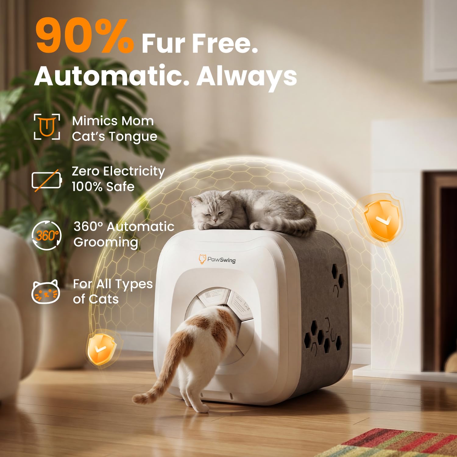 Cepillo automático para gatos de 360°, respetuoso con la piel, con cerdas rodantes, autolimpieza, colector de pelo para control de desprendimiento y bolas de pelo, casa de peluquería inteligente para