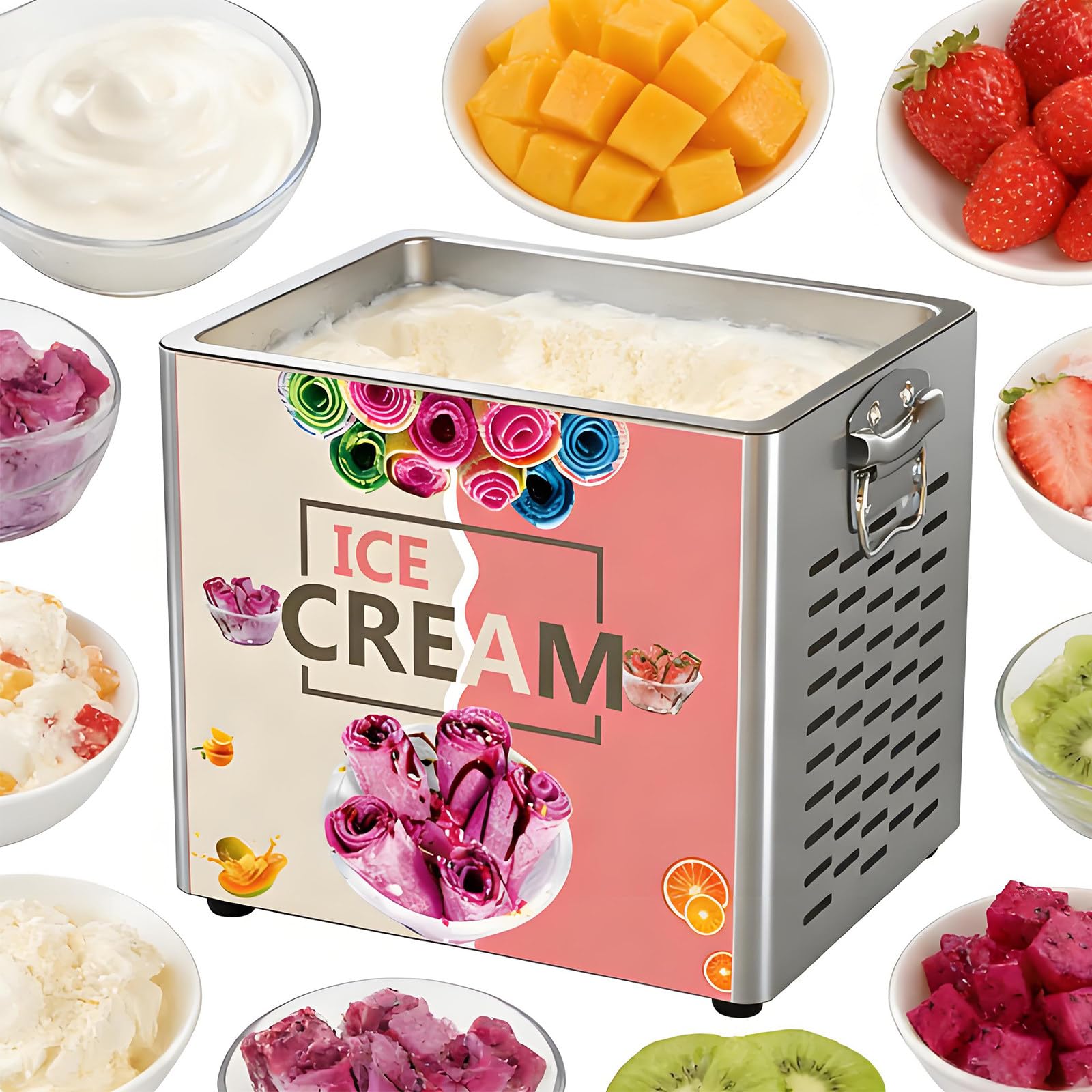 HuanSebesity Electric Fried Ice Cream Roll Machine,Stainless Steel Yogurt Maker with Compressor & 12x9.5 Inch Square Pan,Fast Cooling Manual Stir-Fried Sorbet Machine for Catering Business