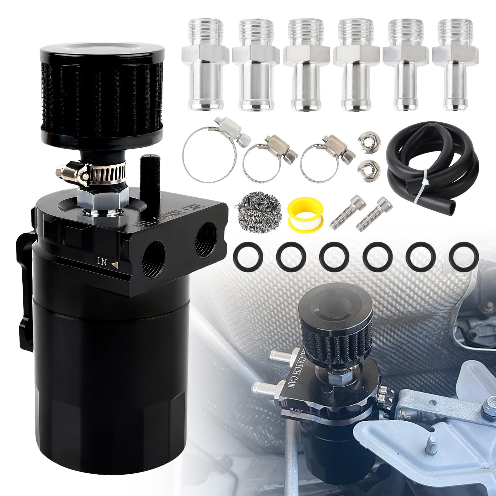 Serbatoio dell'olio Frawacy da 300 ml con filtro dell'aria, separatore aria/olio universale per motore, kit serbatoio olio, nero