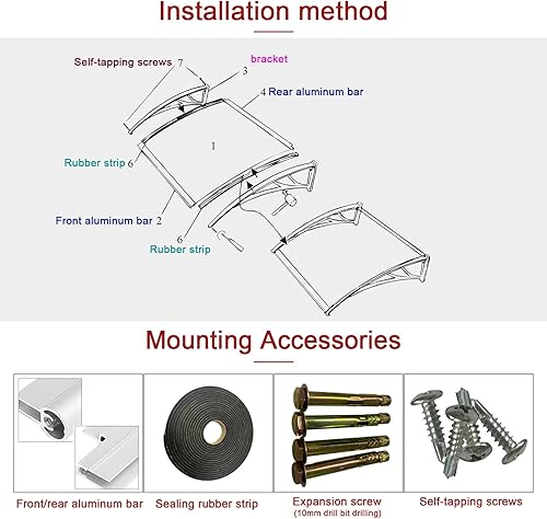 Miniatura 8 de Toldo de protección contra la lluvia y la nieve para puerta delantera, toldo para patio, porche, refugio de policarbonato marrón, cubierta de