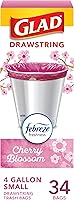 Glad Small Trash Bags 4 Gallon, Febreze Cherry Blossom Garbage Bags, Odor Resistant with Drawstring, 34 Count
