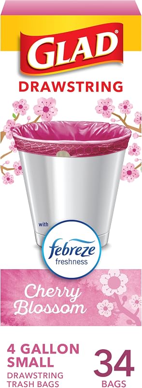 Bolsas de basura pequeñas Glad de 4 galones, bolsas de basura Febreze Cherry Blossom, resistentes al olor con cordón, 34 unidades