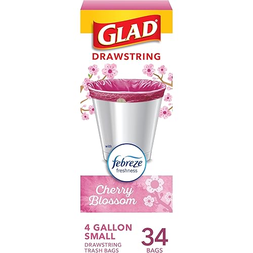Glad Small Trash Bags 4 Gallon, Febreze Cherry Blossom Garbage Bags, Odor Resistant with Drawstring, 34 Count