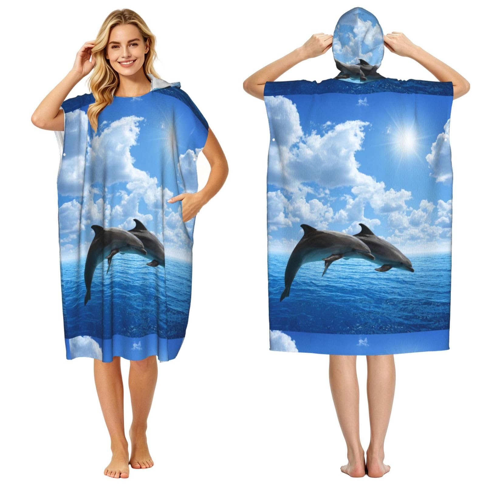 Poadnly Two Dolphins, Adult Hooded Beach Towel 90 x 110 cm,Changing Bath Robe, Surf Poncho Towel For Women Men