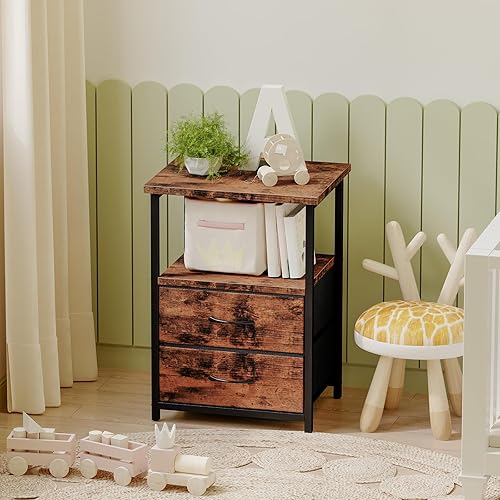 Miniatura 8 de Fixwal Mesita de noche con estación de carga, mesita de noche con cajones de tela, mesita de noche para dormitorio, marrón rústico y negro