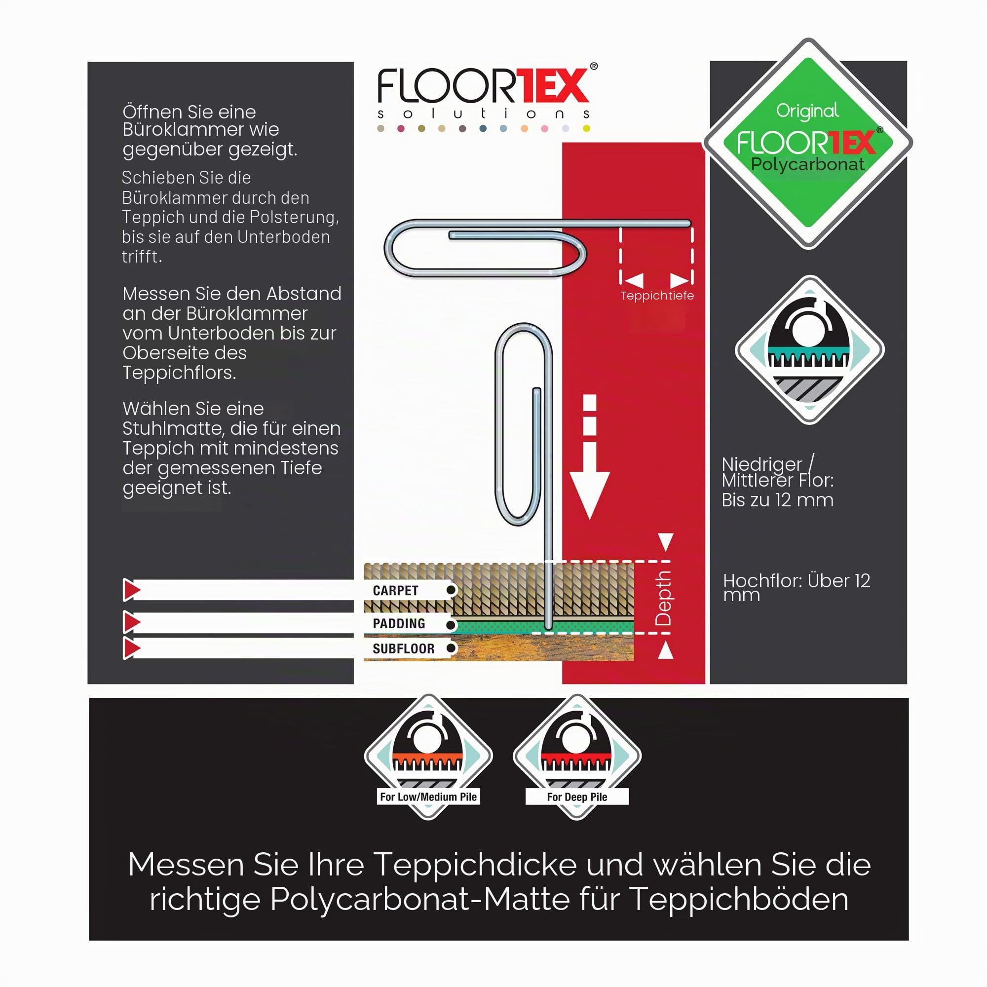 Floortex Bodenschutzmatte | Bürostuhlunterlage ultimat | 120 x 100 cm | aus Original Polycarbonat | transparent | rechteckig | TÜV Zertifiziert | für nieder- & mittelflorige Teppichböden