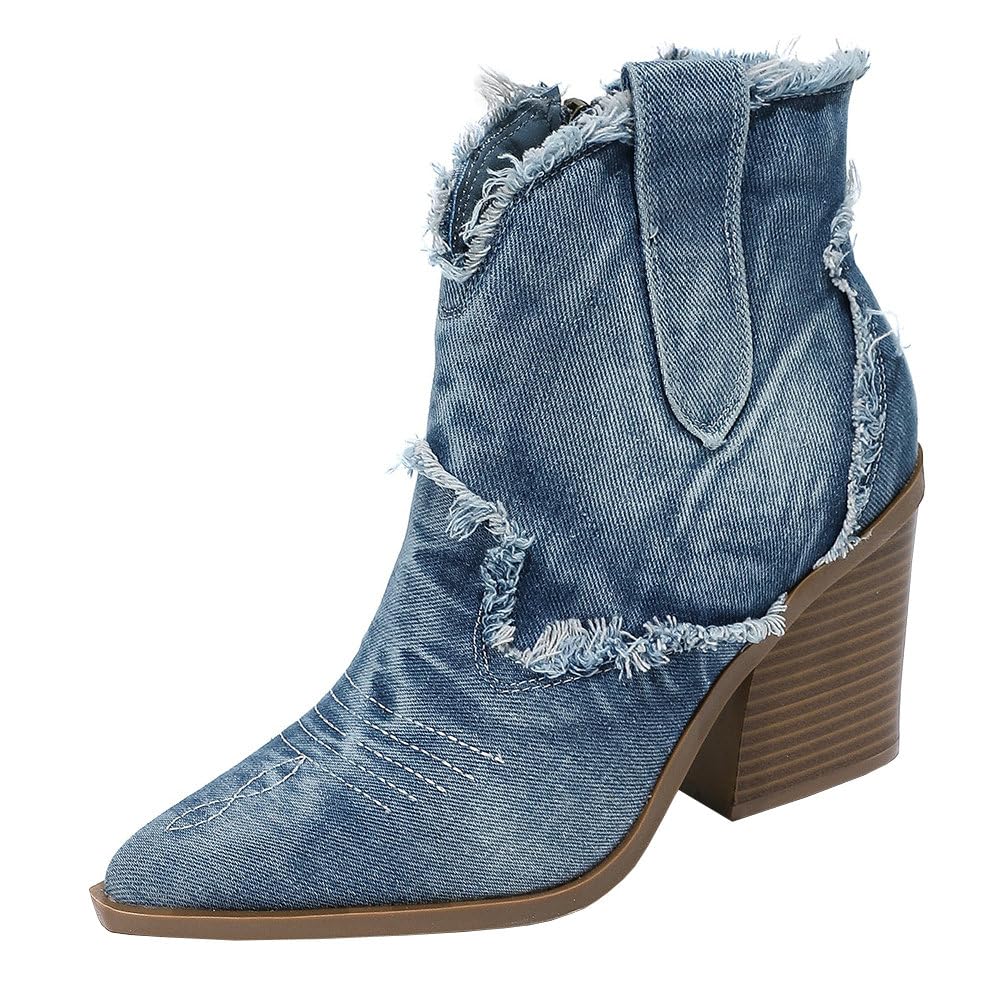 Betastella Womens Denim Embroidered Western Cowboy Boots Pointed Toe Chunky Heel Fringe Ankle Jeans Boots Vintage Cowgirl Booties